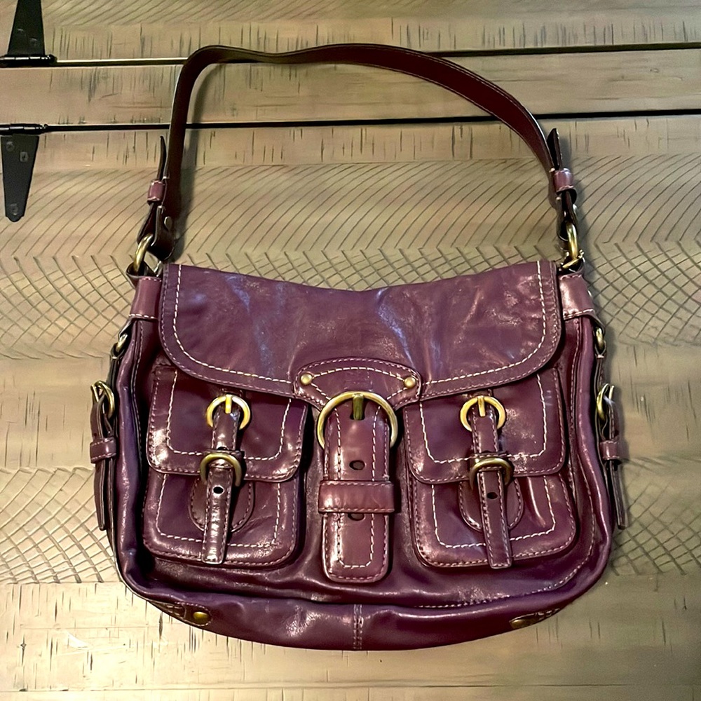 Coach Purple Double Buckle Leather Purse, Purple with Gold Hardware